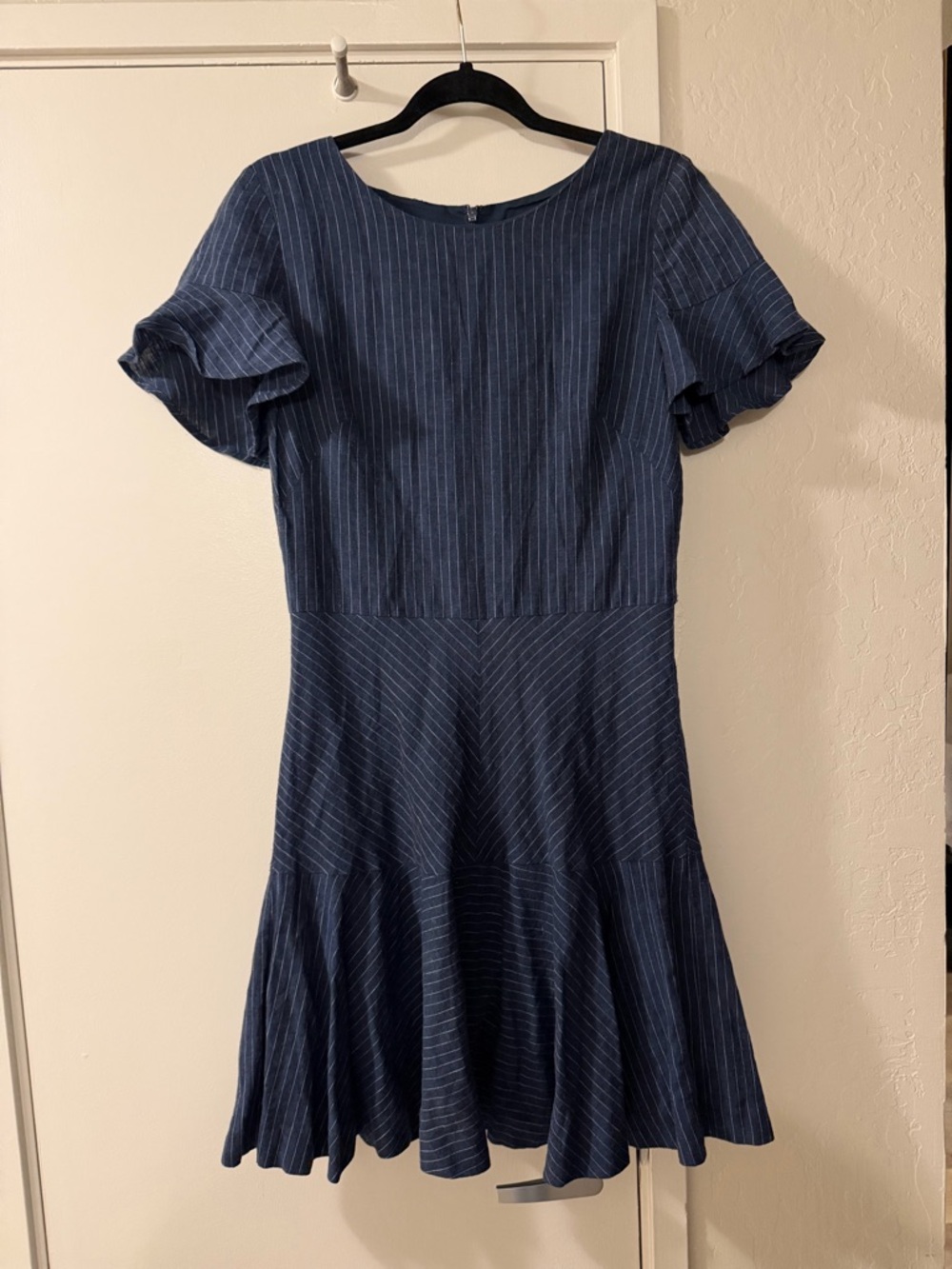 J. Crew Navy Pinstripe Ruffle-Sleeve Fit & Flare Dress- denim